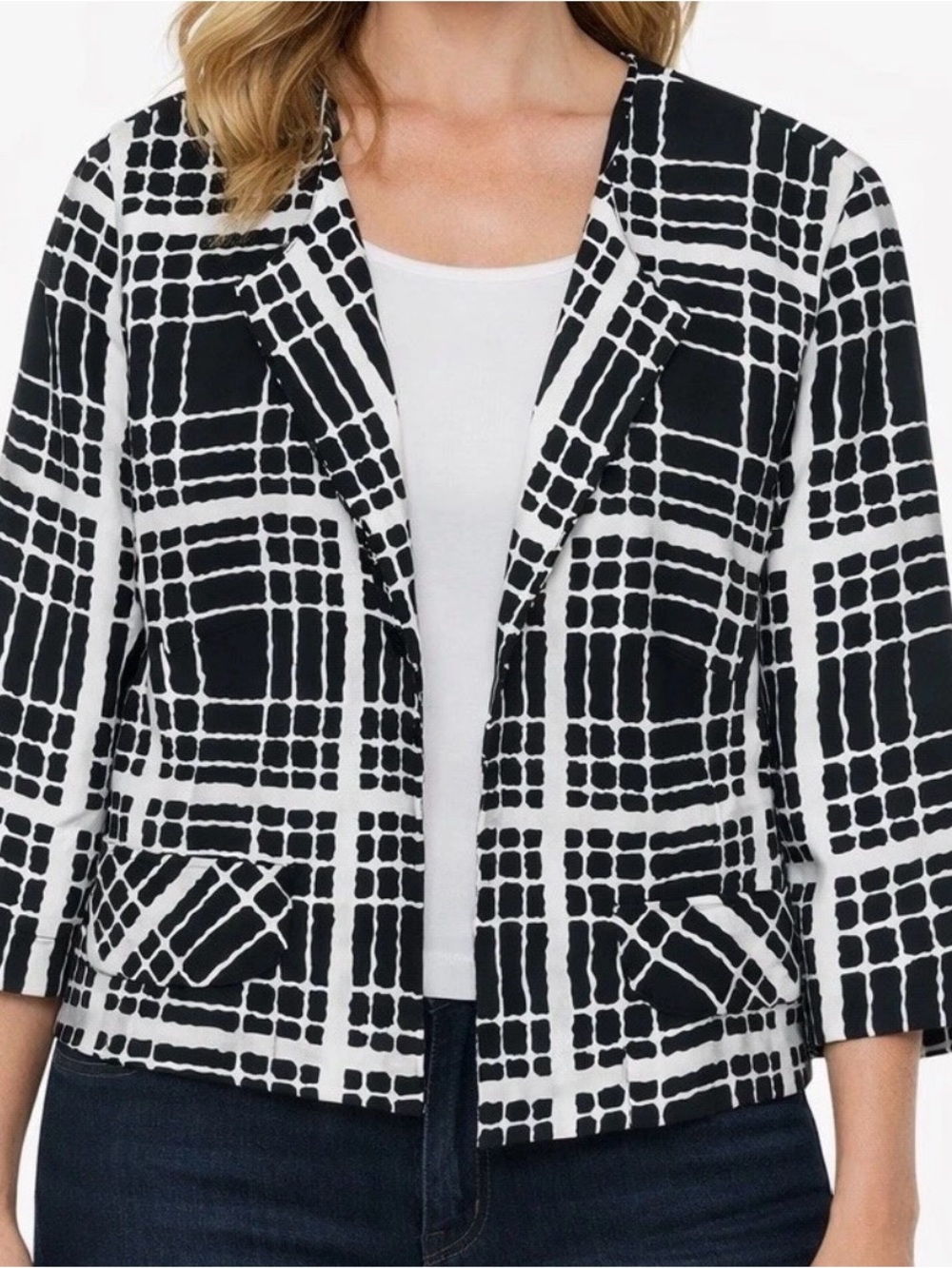 Pendleton Silk Black and White Grid-Print Open Blazer